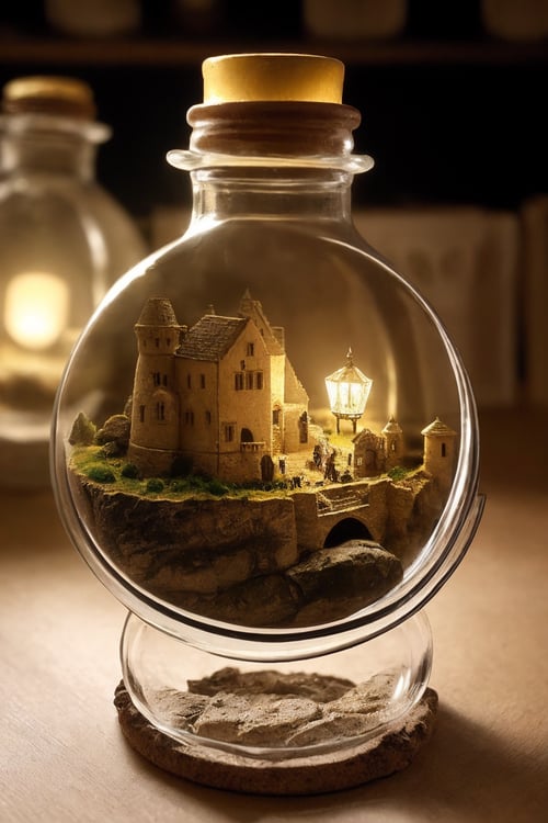 Create an image of a miniature scene set in a fantasy medieval setting, capturing the essence of the reference image's lighting and mood. A small mediaval village is overlooked by a castle on a rock. Warm light is comming out of the houses in the village the castle is beautifully decorated and emit warm and inviting lights. The overall feel should be inviting and magical, with a rich, detailed environment that brings the miniature fantasy scene to life. (miniature macro) (inside a glass bottle:1.5)