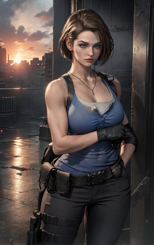 (masterpiece, best quality:1.4), insaneres, absurdres, solo, looking at viewer,BREAK GAME_ResidentEvil3Remake_JillValentine_ownwaifu, short hair, breasts, lips, brown hair, necklace, jill valentine, blue eyes, nose, dog tags, large breasts, collarbone, tank top, gloves, jewelry, fingerless gloves, pants, belt, holster, cleavage, shoulder holster, thigh holster, sleeveless, denim, pendant, bare shoulders, blue tank top, black pants, belt pouch, (contrapposto, hand on hip), sunset, sidelighting, outdoors, <lora:GAME_ResidentEvil3Remake_JillValentine_ownwaifu:1> , depth of field 