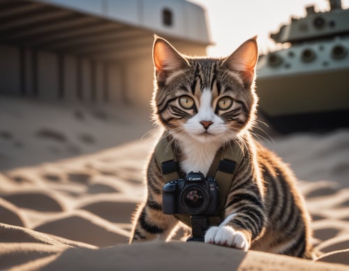 cinematic film still a cute cat soldier is storming omaha beach after the landing craft reached land , heavy gunfire towards the boat from the coast, high quality photography, 3 point lighting, flash with softbox, 4k, Canon EOS R3, hdr, smooth, sharp focus, high resolution, award winning photo, 80mm, f2.8, bokeh . shallow depth of field, vignette, highly detailed, high budget, bokeh, cinemascope, moody, epic, gorgeous, film grain, grainy, high quality photography, 3 point lighting, flash with softbox, 4k, Canon EOS R3, hdr, smooth, sharp focus, high resolution, award winning photo, 80mm, f2.8, bokeh
