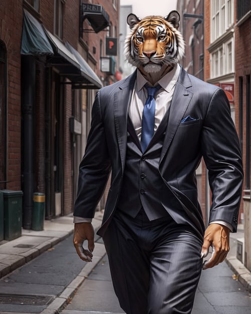 anthro, tiger, male, adult, muscular, veiny muscles, suit, standing, realistic fur, detailed background, street background, hyper realism, RAW photo, (realism, photorealistic:1.3), detailed, hi res,