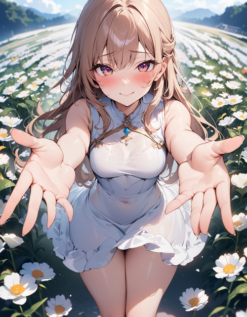 best quality, masterpiece, 8k, high_resolution, highres, amazing, sharp focus, finely detail, (distinct_image), 1girl, solo, long hair, (view from front), (medium shot:1.2), (pov:1.2), (shy smile), white dress, medium breasts, flower field, stands with outstretched hand, looking at viewer, blush, barefoot<lora:hinaLovelyGirlLycorisXL_v10:0.7>