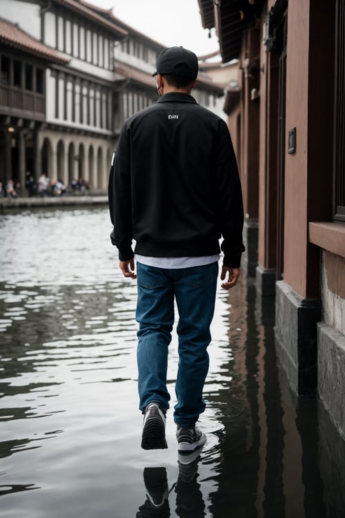 Photorealistic 8k photography, (Man in casual streetwear Walking Away:1.3), Dramatic lighting, Earthy young man, Clean style, (Back glance:1.2), Realistic skin, Casual outfit, (Reflection in water:1.2), Crowded monasteries or temples, Busy atmosphere, Rich cultural scene, Captured with a high-end Nikon D850, 24-70mm f/2.8 lens, Voluminous details, Authentic textures, Serene lighting, Vibrant composition