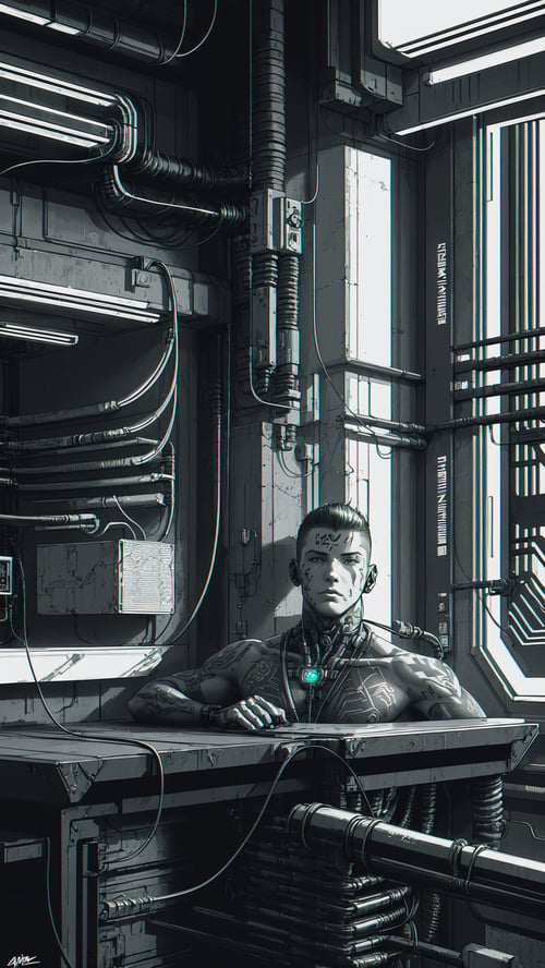 wallpaper, 1boy, solo, male focus, tattoo, monochrome, cyberpunk, (chromatic aberration), detailed background, mechanical parts, cable, indoors","wallpaper, 1boy, solo, male focus, tattoo, monochrome, cyberpunk, (chromatic aberration), detailed background, mechanical parts, cable, indoors