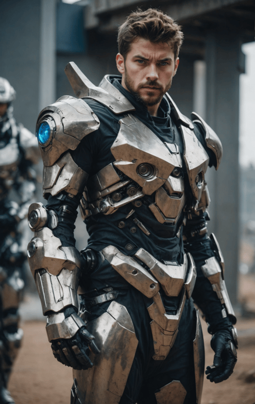 (masterpiece, best quality, ultra-detailed, best shadow), cinematic film still, photo of a man wearing a high tech scifi armor, mecha armor, male focus, armor, solo, facial hair, cape, beard, looking at viewer, blue eyes, blurry background, power armor, knee protection, standing, brown hair, science fiction  <lora:aesthetic_anime_v1s:1.2>