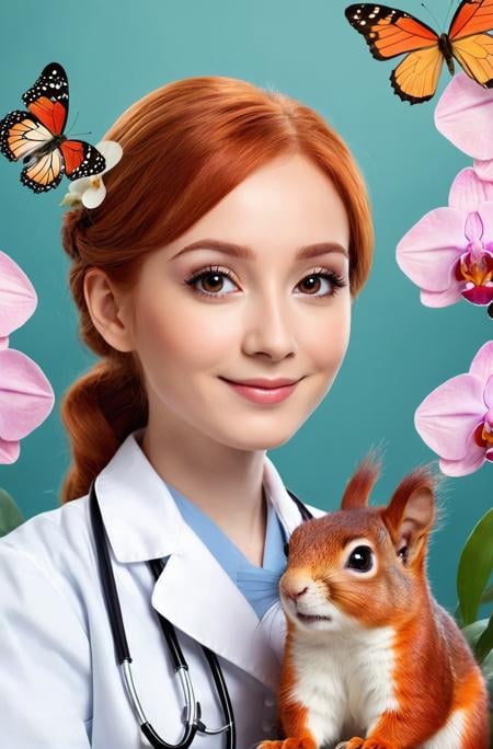 Character portrait of cute smiling red hair woman wearing doctor uniform, big dark melancholic eyes, an squirrel sitting next to her, some orchids and butterflies, around, side profile, caricature, chibi, kawaii,3d rendering, octane rendering, volumetric light, victorian fashion, metallic, highly-detailed symmetric face, detailed eyes, ultra sharp, highest quality, art by Anja Millen and George Cruikshank and Bordalo II, smooth, sharp focus, trending on artforum, behance hd, kids story book style, muted colors, watercolor style