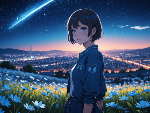 anime girl, night, blue light behind her,  ((Galaxy, Lens flare)), short hair, flower field, night sky, cinematic shot. Wallpaper. (Blue color schema), detailed background, a city in the distance