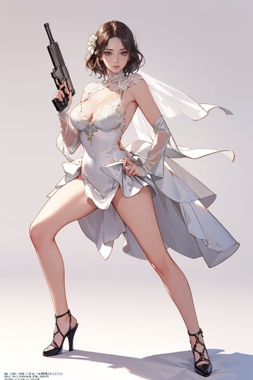 (masterpiece, best quality, 8k, RAW photo, beautiful and aesthetic:1.2),  complex detail, Indirect light, photorealistic,((woman:1.8)), full body,  1girl, solo, simple background,Vintage wedding dress, <lora:FAPoses2_2:1>female action poses, holding gun, 