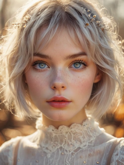 Mushroom village, autumn, detailed, warm's eyes shot, Cinematic Hollywood Film style, female supermodel, white silver short hairstyle, perfect teeth, white tigh high stockings, soft freckles, day sunlight, cute sensually dynamic pose, perfect eyes, detailed irises and pupils, light blue eyes, shot on Hasselblad X2D 100C,ISO 50, natural light form early spring, sharp focus, realistic, high definition, Beautiful sun light filtering through the ends of the hair, cute face, gorgeous, pretty face, pale skin, light freckles, shiny eyes, full shiny lips, cute lips, parted lips, lip gloss, mascara, thighs, young looking, large breasts, skinny, petite body(body heigth:160cm), big head, innocent look, young face, pink eye shadow, blushing, maching pupils, dwarfs in the backgraounds, 18 years old girl, ashamed, naturaly pink lips color, extra shiny lips, long eyelashes, smile, textured pale skin, masterpiece, macro photography, tilt shifted, best quality, upper body, <lora:MysticVision_XL_fp16:1>