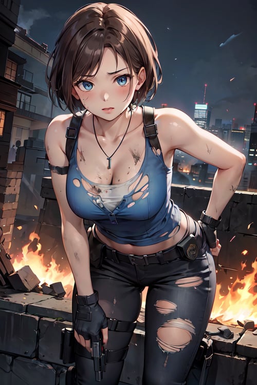 (masterpiece, best quality:1.4), insaneres, absurdres, solo, looking at viewer,BREAK GAME_ResidentEvil3Remake_JillValentine_ownwaifu, short hair, breasts, brown hair, necklace, jill valentine, blue eyes, nose, dog tags, large breasts, collarbone, tank top, gloves, jewelry, fingerless gloves, pants, belt, holster, cleavage, shoulder holster, thigh holster, sleeveless, denim, pendant, bare shoulders, blue tank top, black pants, belt pouch, (leaning forward, holding gun), cowboy shot, garden, night, fire, debris, <lora:GAME_ResidentEvil3Remake_JillValentine_ownwaifu:0.5>, (dirty, torn clothes:1.4)