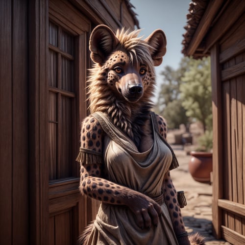 UHD 8k, HDR+, cute anthro female hyena, intricately detailed, detailed background, realistic