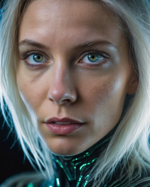 portrait of an extraterrestrial girl showcasing her entire head and shoulders, with highly unusual facial features distinct from human form. Imagine vertically slit pupils, skin that has a subtle bioluminescent texture resembling the surface of a distant planet, and cheekbones that elegantly curve into delicate, wing-like structures on the sides of her face. Her hair is a cascade of luminous fibers, emitting a soft, alien glow. The background is a blur of her mysterious world, with an emphasis on her striking, otherworldly beauty. Utilize a mirrorless camera, 100mm lens for depth and detail, with ambient lighting that enhances her alien features <lora:detamodel3:1>