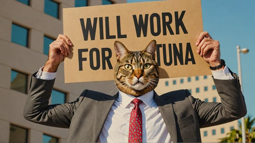 A man in a suit, with a cat head, holding a sign saying "will work for tuna"