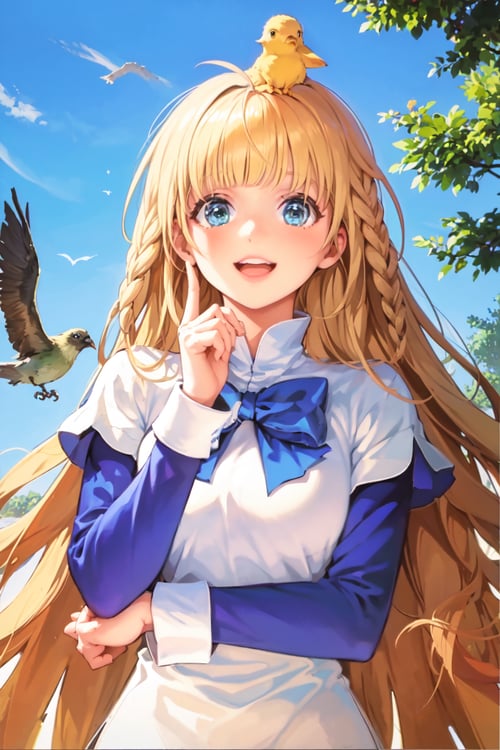 masterpiece, best quality,1girl, blue eyes, (upper body, closeup:1.5), parted lips, lips, outdoors, trees, green grassy fields, blue sky, medieval village, <lora:TalesWeaver_TichielJuspian_v1-000168:0.9>, blonde hair, blunt bangs, ahoge, twin braids, (very long hair:1.5), (white dress over blue dress, blue hem:1.1), white cuffs, long sleeves, short over long sleeves, blue bow, (pov, from above, straight-on:1.2), (head down:1.2), sparkles, magic, glow, (bird perched on finger, looking at bird:1.5), smiling, open mouth,  pointing,