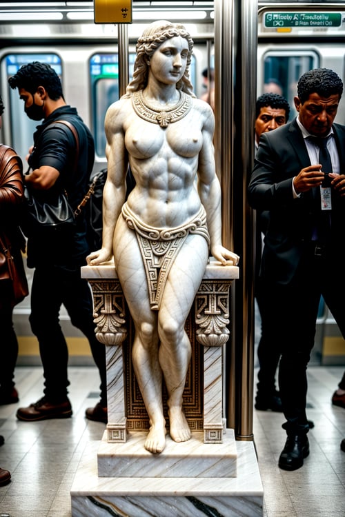 Wide angle hyper-realistic sculpture, (Greek marble statues in crowded subway:1.2), Chaotic composition, Sitting figures, Commuting scene, (Sorrowful expressions:1.2), Elaborate carvings, Precise features, Rush hour chaos, (Detailed craftsmanship:1.3), Captured with Hasselblad, Ultra-high resolution, Unreal details, Precise realism