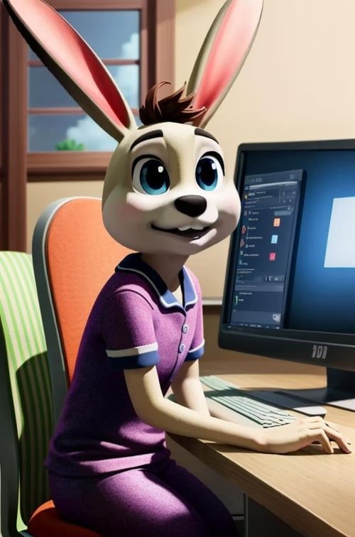 NuPogodiNewHare, (carrot pattern pajamas, chest tuft, buckteeth, bunny tail, brown hair), (indoor, sitting, computer desk, chair, using a computer), (masterpiece:1.2), hires, 3D, Unreal Engine Render, ultra-high resolution, 8K, high quality, (sharp focus:1.2), clean, crisp, cinematic, <lora:Hare-v1:0.7>