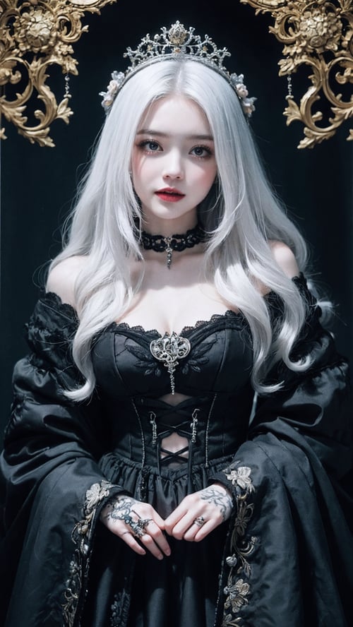1girl,laugh, crazy, long white hair, snow princess, dark fairy tale, gloomy style,black crown, evil vibe,Gothic style, high definition,Rich in intricate details. 8K,Illustration,gorgeous art style,Baroque-style patterns