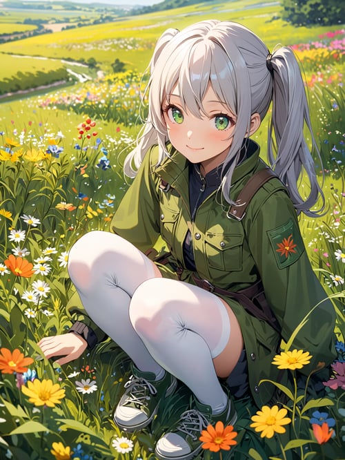 (young girl), (highly detailed beautiful face and eyes, silver hair:1.5, twintail:1.1, floating hair), (white tights up to the thighs), small stature, (small breasts), shiny skin, cute, being clearheaded,(archer), (green theme), Tough hunting jacket made from durable materials, Hunting knife on waist, smile sweetly, Plains and meadows showcase colorful flowers and rare herbs. The swaying flower fields and expansive grasslands portray natural beauty., Crouching with hands on the ground, ((masterpiece:1.1)), 8k, (extremely detailed and beautiful background), ((Ultra-precise depiction)), ((Ultra-detailed depiction)), (aesthetic),