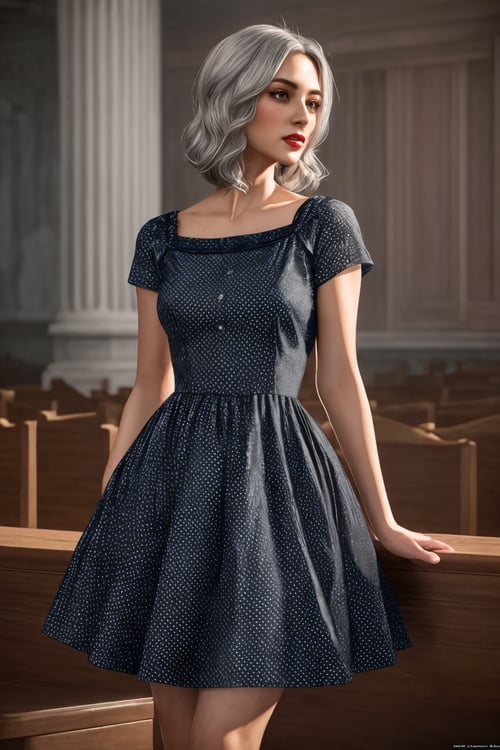 <lora:Yuri:0.7>,a vintage woman,Prehensile hair,Silver hair,Vintage 1950s polka dot swing dress in a vibrant red.,Shaking head,Synagogue,Hyperrealistic art Extremely high-resolution details photographic realism pushed to extreme fine texture incredibly lifelike,elegant highly detailed digital painting artstation concept art smooth sharp focus,Direct light