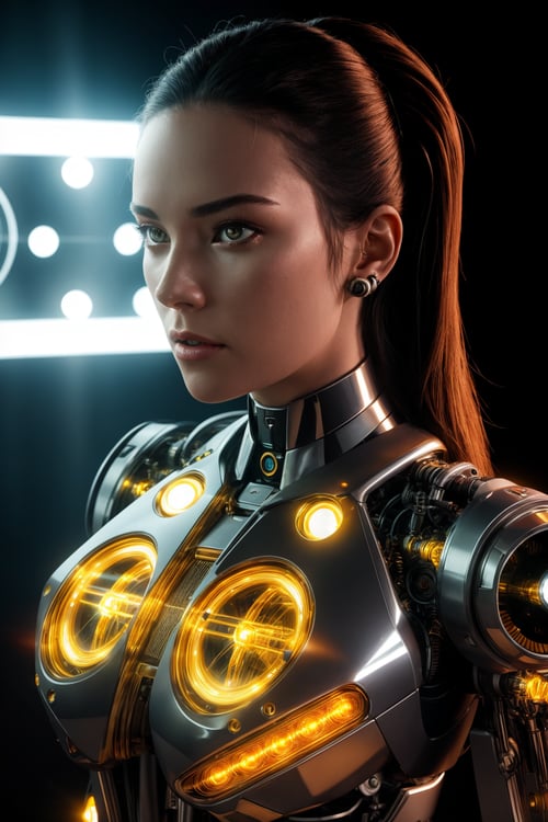 Wide angle 8k-rofile masterpiece, (Cyborg woman head with intricate LED cables:1.2), Symmetrical balance, Translucent gold body, Silver motor head, (Ray guns:1.4), Dramatic shadows, Real-Time Ray Tracing lighting, Volumetric atmosphere, 80 degree view