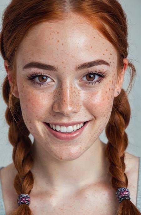 beautiful lady, (freckles), big smile, ruby eyes, pigtails hair, dark makeup, hyperdetailed photography, soft light, head and shoulders portrait, cover