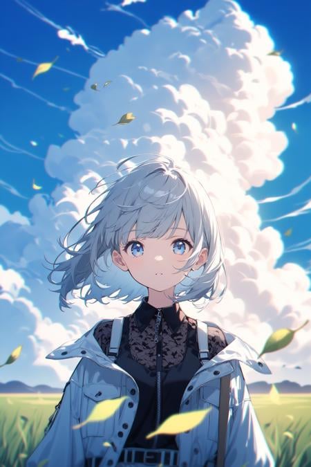 cinematic lighting, cute 1girl, silver short hair, blue eyes, fashionable, trendy outfit, head tilt, straight-on,  chromatic aberration, standing on a vast grassland, beautiful blue sky, cumulonimbus,wind,(upper body),(fluttering leaves),close-up,looking at viewer