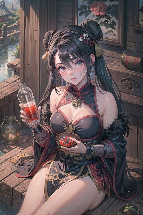(masterpiece, best quality, extremely detailed:1.5) BREAK 1girl, feet out of frame, fierce toned muscular, (chinese armor, pauldrons:1.1), warrior, dark silver hair, Tri-Braided Bun, fur trim, head rest, bombshell hair, bright black hair, baijiu alcoholic vodka bowl, twintails drunk flushed