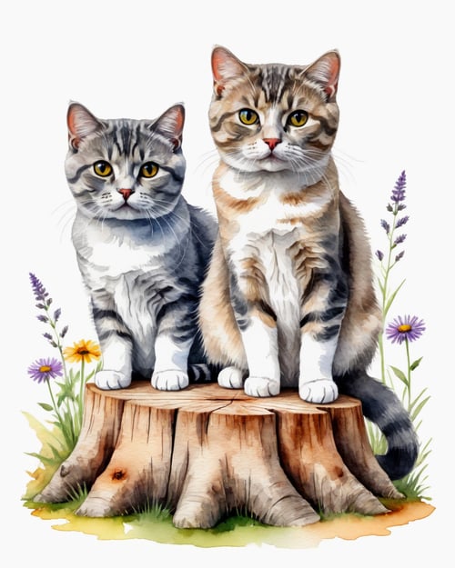 two cute happy playful Scottish Fold cat friends with grey contour sitting close on a tree stump, colorful wildflowers at base of the tree stump, watercolor style, isolated on white background <lora:detamodel3:1>