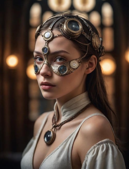 (art by Marc Lagrange:0.9) , photograph, Cyborg young_woman, Medieval monocle, Ultrarealistic, dynamic, Fujichrome Provia 100F, F/8, RTX, photolab, high quality photography, 3 point lighting, flash with softbox, 4k, Canon EOS R3, hdr, smooth, sharp focus, high resolution, award winning photo, 80mm, f2.8, bokeh, high quality photography, 3 point lighting, flash with softbox, 4k, Canon EOS R3, hdr, smooth, sharp focus, high resolution, award winning photo, 80mm, f2.8, bokeh