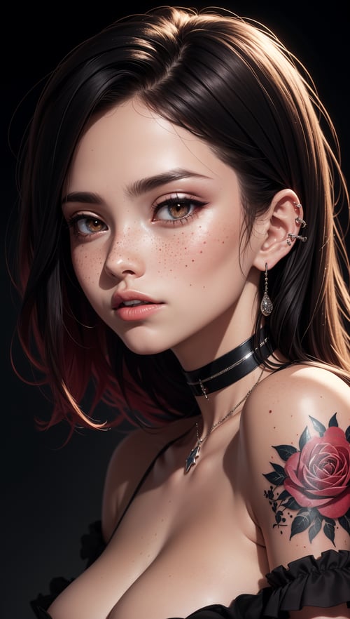 from below,alternative,emo,piercings,tattoos,(Half body view:1.2),cleavage,(looking at the viewer:1 6),open eyes,((tattooed skin)),(oil colored hair),((choker)),(black top:1 4),(off-the-shoulder:1 4),beautiful,((sweaty)),(flushed cheeks),(freckles),((perfect lips)),(ultra-detailed),(masterpiece),(best quality),(ultra-detailed),professional lighting,UHD,HD,Boke,