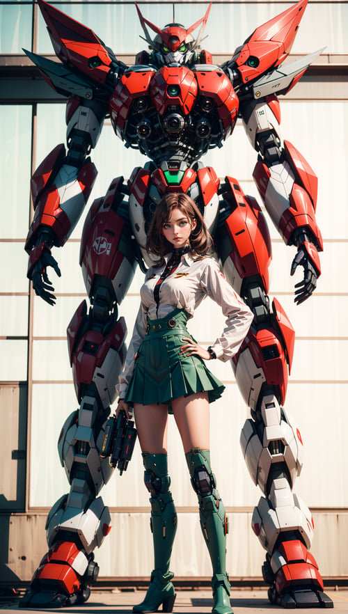 Photo of a nerdy woman standing infront of an exceptionally large heavy mecha in the background. super_mecha in the background,(22 years old woman),medium breast,small waist,brown hair,green eyes,perfect illumination,beautiful detailed,full body,pleated skirt,long boots,blurry. super_mecha,<lora:super mecha_20230606112241:0.8>,