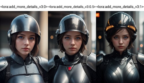 (best quality, 4k, 8k, highres, masterpiece:1.2), ultra-detailed, (realistic, photorealistic, photo-realistic:1.37), hyper realistic, 1girl,looking at viewer,short hair,blue eyes,upper body,armor,lips,blurry background,helmet,science fiction,realistic <lora:add_more_details_v3:0>