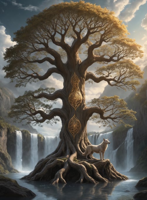 The paintingof the legendary Yggdrasil tree, reaching up towards the heavens with its sprawling branches adorned with leaves shimmering like gold and jewels. Beneath it lies the serene waters of the wellspring of Urd, reflecting the image of the majestic tree. At the base of the tree, the wild beast Fenrir, guardian of the underworld, gazes upon the scene with watchful eyes.