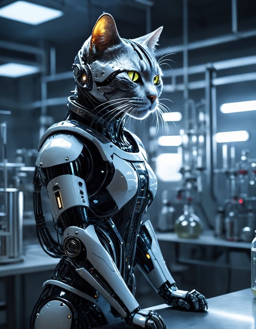 Cyberpunk, sci-fi, dark-fantasy, portrait photo of a cat cyborg robot in a chemical laboratory, volumetric lighting, highly detailed, 