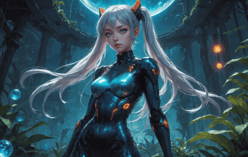 anime style, 1girl, blunt bangs, high ponytail, silver hair, pointy ears, in the depths of a bioluminescent alien jungle, [evangelion:cyberpunk edgerunners:0.5], reflective transparent iridescent opaque clothing, long sleeves, flowing dress, long skirt, very aesthetic, highres, 4k, 8k, intricate detail, cinematic lighting, amazing quality, amazing shading, detailed Illustration, official artwork, wallpaper, official art, extremely detailed eyes and face, beautiful detailed eyes, from below, full body, thigh gap, <lora:aesthetic_anime_v1s:1>