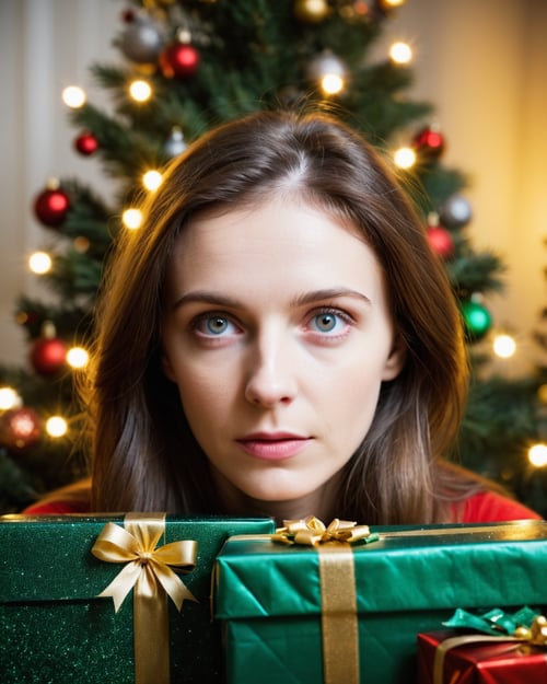 Christmas,eyes shoot portrait,woman , background=(Christmas tree, gifts, lightbubs,)  <lora:dmc:1>