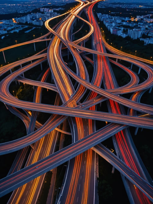 impossible optical illusion highway, swirling and crisscrossing, nighttime time-lapse with light streaks from long exposure taken (with tiltshift:1.2), (veins:1.2), extremely detailed, 8k, 35mm photograph, amazing natural lighting, brilliant composition, symmetrical pattern 