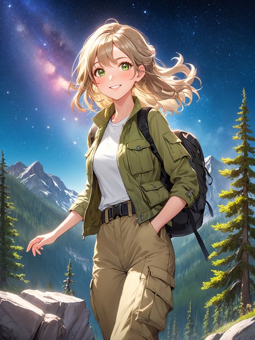 (Anime style), ((masterpiece:1.1)), 8k, (extremely detailed and beautiful background), ((Ultra-precise depiction)), ((Ultra-detailed depiction)), (aesthetic), (professional illustrasion:1.1), (young girl), ((beautifl eyes)), ((beautiful hair)), ((parfect hands)), half updo hairstyle with platinum light brown hair, ahoge, Alluring facial features with a bright, Sparkling, full of curiosity and enthusiasm, Energetic and lively physique, medium breasts, Always optimistic, Radiating an optimistic and vibrant aura, captivating people's , attention, smile beam, (A fitted, (olive-green cargo jacket layered over a vibrant)), tee paired with sleek, ((multi-pocketed khaki cargo pants)). (Complemented by sturdy), black combat boots and accessorized with a utilitarian canvas belt, Travel through America's great outdoors. America's national parks are home to magnificent and wild wilderness. Enjoy hiking and camping in the Rocky Mountains. Enjoy the outdoors while feeling the presence of wildlife. At night, the sky is full of stars, hugging own legs