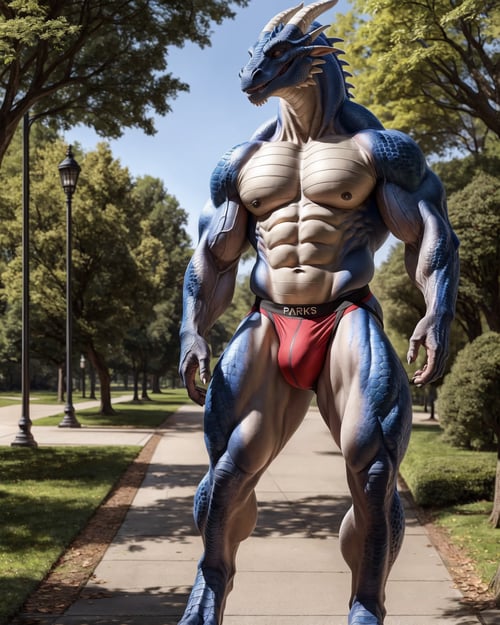 anthro, dragon, male, adult, muscular, veiny muscles, jockstrap, walking, realistic scales, detailed background, park background, hyper realism, RAW photo, (realism, photorealistic:1.3), detailed, hi res,