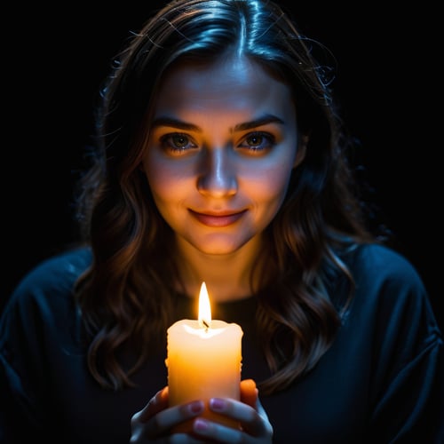 extremely detailed 16k UHD RAW photo of a woman with a candle in a pitch-black dark background, taken by a professional photographer with DSLR