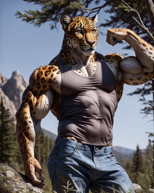 anthro, jaguar, male, adult, muscular, veiny muscles, flexing, tank top, jeans, realistic fur, detailed background, wilderness background, hyper realism, RAW photo, (realism, photorealistic:1.3), detailed, hi res,