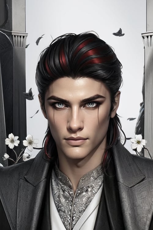 professional 3d model 1male, black red hair,light grey eyes, thin face,  triangle flowers background   <lora:astaroth:0.6>   <lora:Ink:1> ink, monochrome, sketch . octane render, highly detailed, volumetric, dramatic lighting