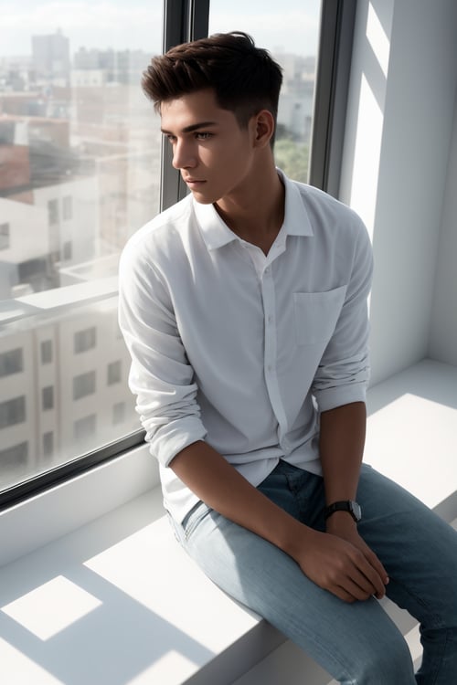 Bird's eye view 8k photography, (Plain clean young man on window sill:1.3), (Volumetric lighting:1.3), Casual street wear, Sitting peacefully, Gazing out, (Realistic skin texture:1.2), Hair detail, Biodegradable confetti fields, Busy surroundings, Captured with a high-resolution camera, Hyper-detailed clarity, Crisp colors