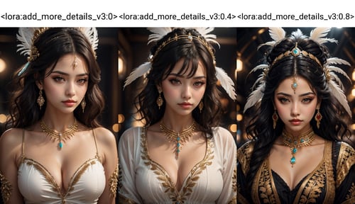 (best quality, 4k, 8k, highres, masterpiece:1.2), ultra-detailed, (realistic, photorealistic, photo-realistic:1.37), photorealistic, 1girl,long hair,black hair,hair ornament,cleavage,brown eyes,jewelry,medium breasts,upper body,earrings,parted lips,solo focus,dark skin,necklace,dark-skinned female,makeup,blurry background,feathers,gem,curly hair,realistic,headdress,feather hair ornament <lora:add_more_details_v3:0>