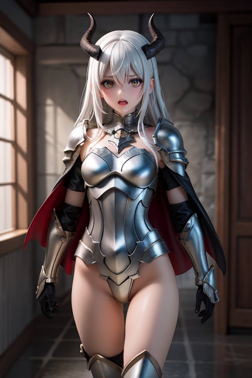 extremely detailed CG unity 8k wallpaper,(masterpiece),best quality,illustration,(1 girl),wet skin,expressionless,yellow eyes,(anger),horns,(silver armor),metal,complex pattern,corner,cape,indifference,, (masterpiece,best quality:1.5)