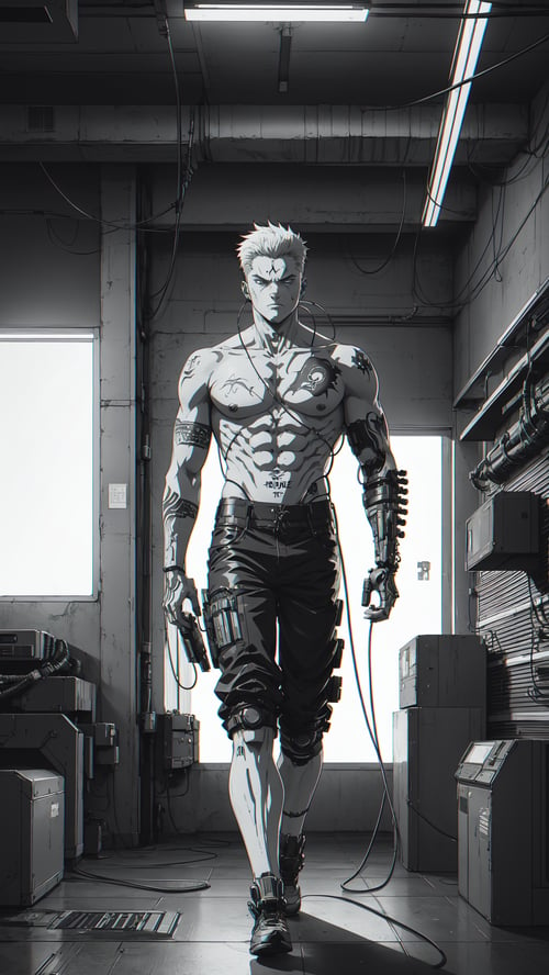 1boy, walk, anime rage","wallpaper, 1boy, solo, male focus, tattoo, monochrome, cyberpunk, (chromatic aberration), detailed background, mechanical parts, cable, indoors