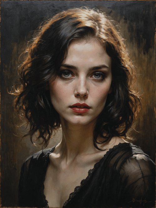 In Casey Baugh's evocative style, a Gothic girl emerges from the depths of darkness, her essence a captivating blend of mystery and allure. With piercing eyes and flowing ebony hair, she exudes an enigmatic presence that draws viewers into her world. Baugh's brushwork infuses the painting with a unique combination of realism and abstraction, highlighting the girl's delicate features and contrasting them against a backdrop of deep, rich hues. The interplay of light and shadow adds depth and dimension to the artwork, creating a hauntingly beautiful portrayal of this Gothic muse. Baugh's distinctive style captures the essence of the girl's enigmatic nature, inviting viewers to explore the depths of her soul. Signature