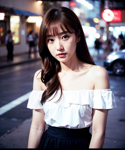 Best quality, masterpiece, photo by fuji-proplus-ii film, half-length portrait, close-up, raw photo of 20 years old woman in white off-shoulder, waist up, long hair, looking at viewer, outdoor, night street, low key light, soft shadow, dark theme, (film grain, film filter:1.3), high angle/from above,  <lora:hinaFilmFujiProPlusII_v1:1>