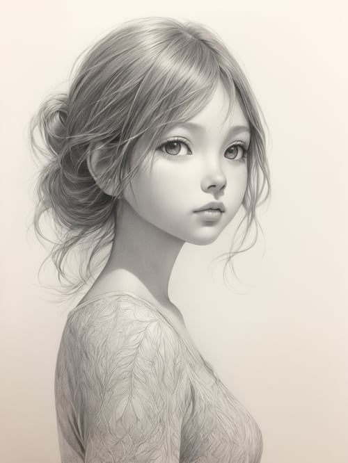 1girl, graphite drawing, pencil shading, subtle gradation, monochromatic, detailed textures, fine linework, delicate touch