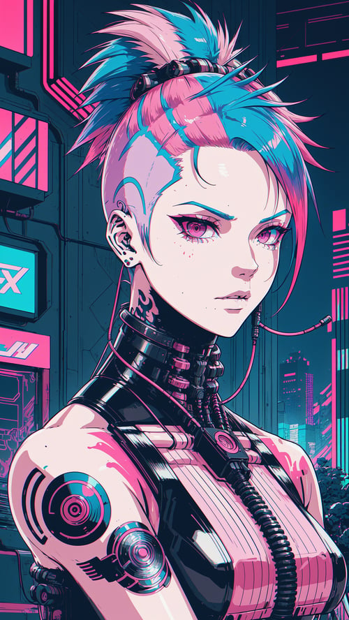 Virtual Realism, A girl with short multicolored pink teal and blue hair faux hawk style, red eyes, outdoors, cyberpunk city, she has shaved hair, mohawk style","wallpaper, 1boy, solo, male focus, tattoo, monochrome, cyberpunk, (chromatic aberration), detailed background, mechanical parts, cable, indoors