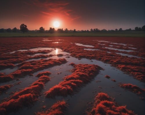 detailed landscape photo of a red moon field ,reflecting puddles, epic sunny day,, high quality photography, 3 point lighting, flash with softbox, 4k, Canon EOS R3, hdr, smooth, sharp focus, high resolution, award winning photo, 80mm, f2.8, bokeh